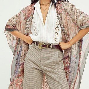NWT Free People Beguiled Patchwork Burnout Velvet Kimono - Silver